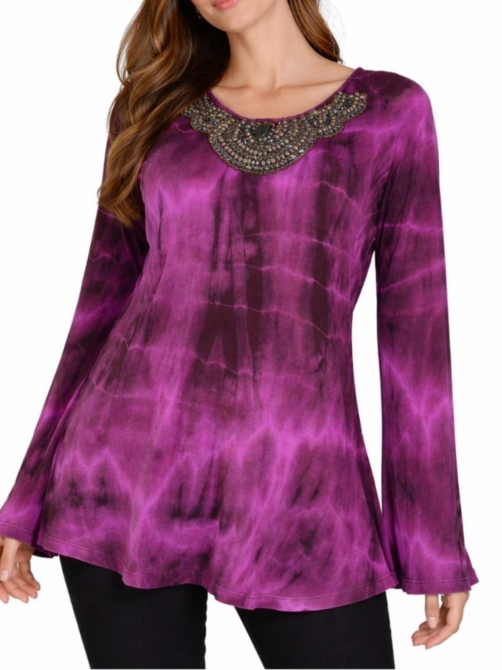 Soft Surroundings Women's Magenta Tie-Dye Long Sleeve Tunic with Embellished 1X